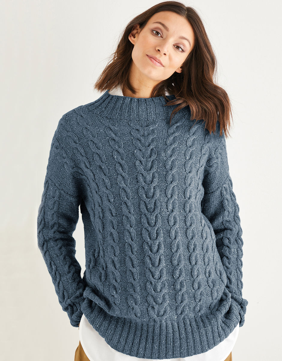 Women's All-over Cable Drop-Sleeve Sweater in Sirdar Haworth Tweed