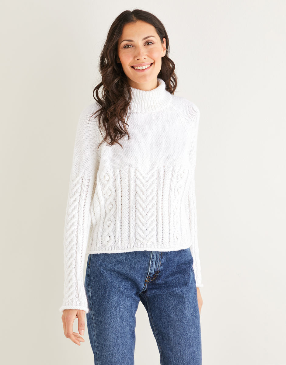 Cabled Roll Neck Sweater in Hayfield Bonus Aran with Wool