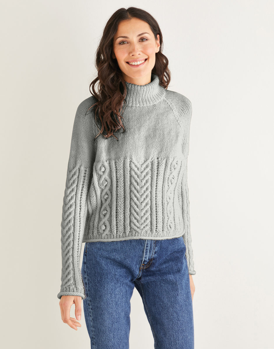 Cabled Roll Neck Sweater in Hayfield Bonus Aran with Wool | Sirdar