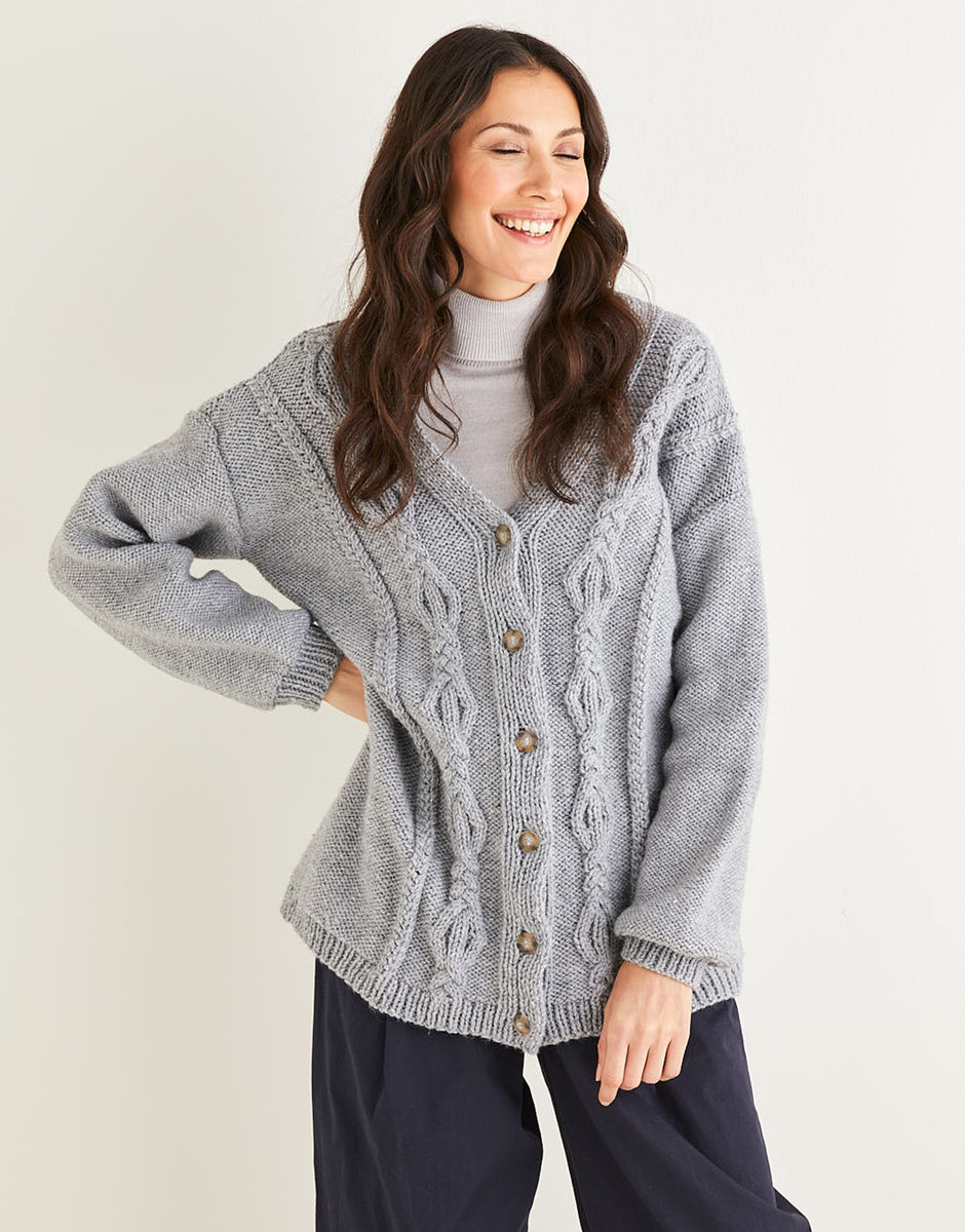 V Neck Cable Cardigan in Hayfield Bonus Aran with Wool Sirdar