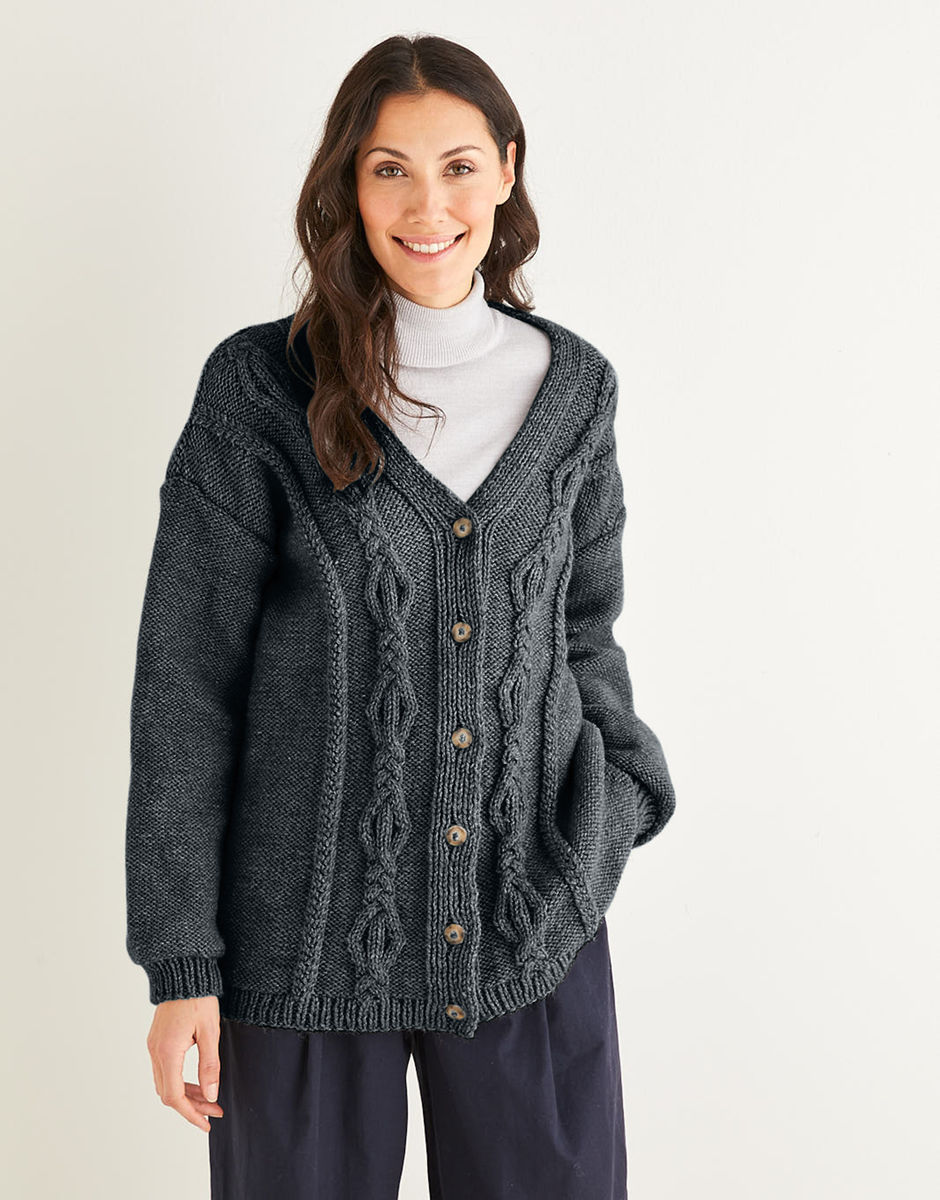 V-Neck Cable Cardigan in Hayfield Bonus Aran with Wool | Sirdar