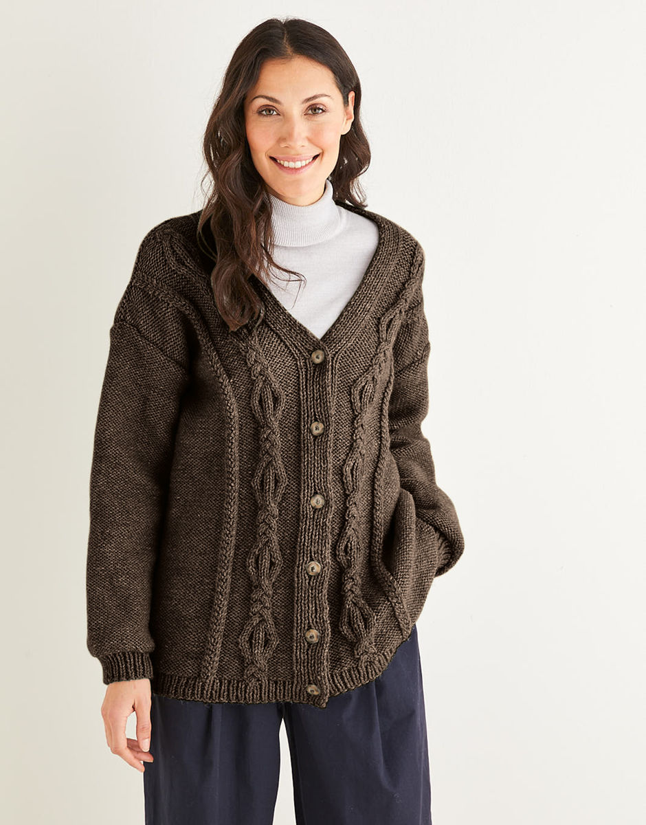 V-Neck Cable Cardigan in Hayfield Bonus Aran with Wool | Sirdar