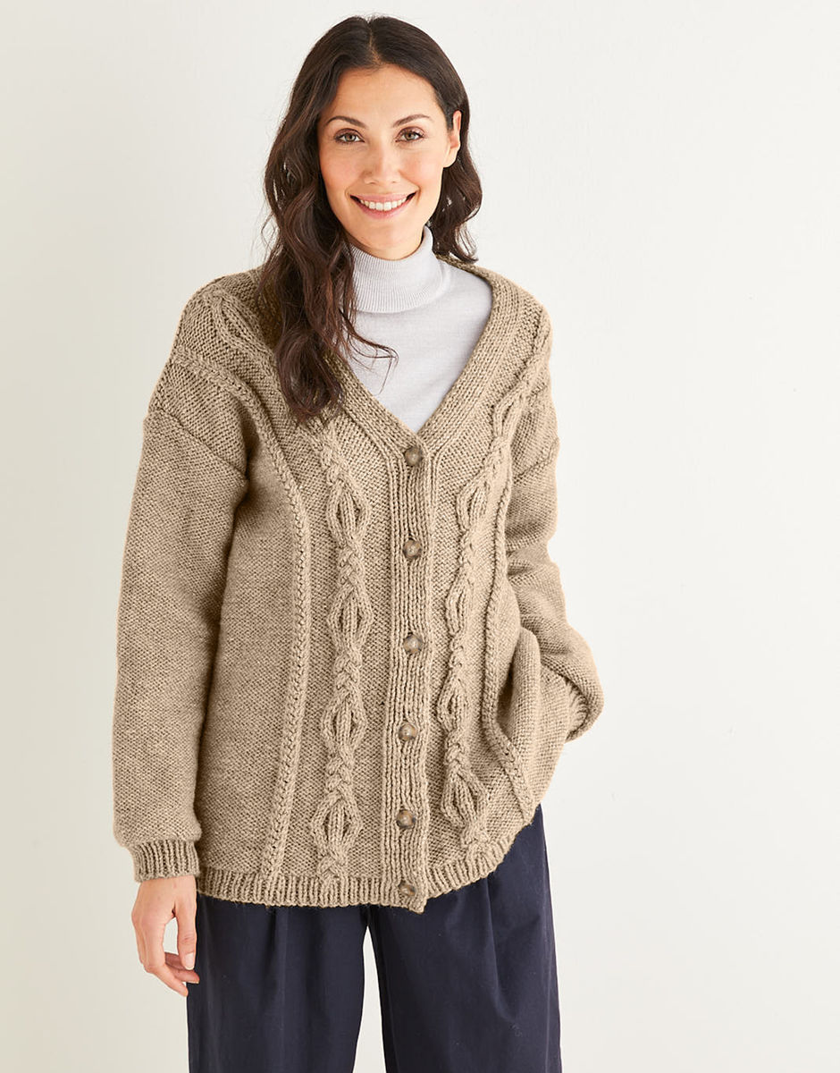 V-Neck Cable Cardigan in Hayfield Bonus Aran with Wool | Sirdar