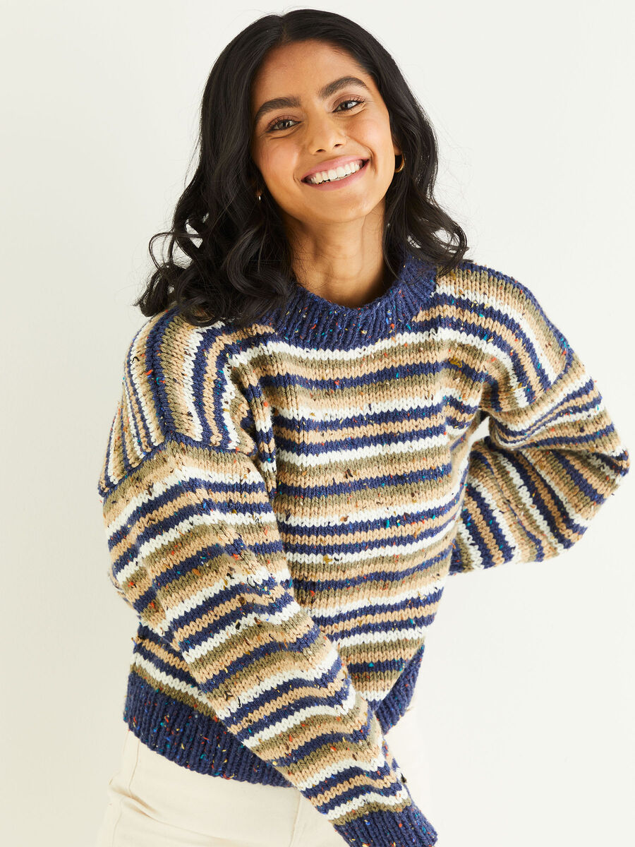 Striped Crew Neck Sweater in Hayfield Bonus Chunky Tweed