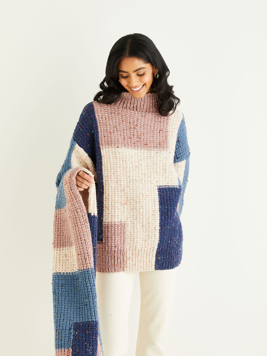 Abstract Sweater & Wide Scarf in Hayfield Bonus Chunky Tweed | Sirdar