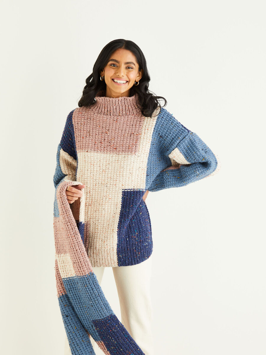 Abstract Sweater & Wide Scarf in Hayfield Bonus Chunky Tweed | Sirdar