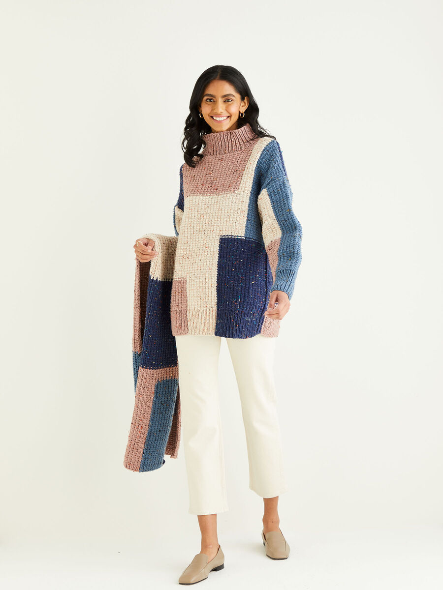 Abstract Sweater & Wide Scarf in Hayfield Bonus Chunky Tweed