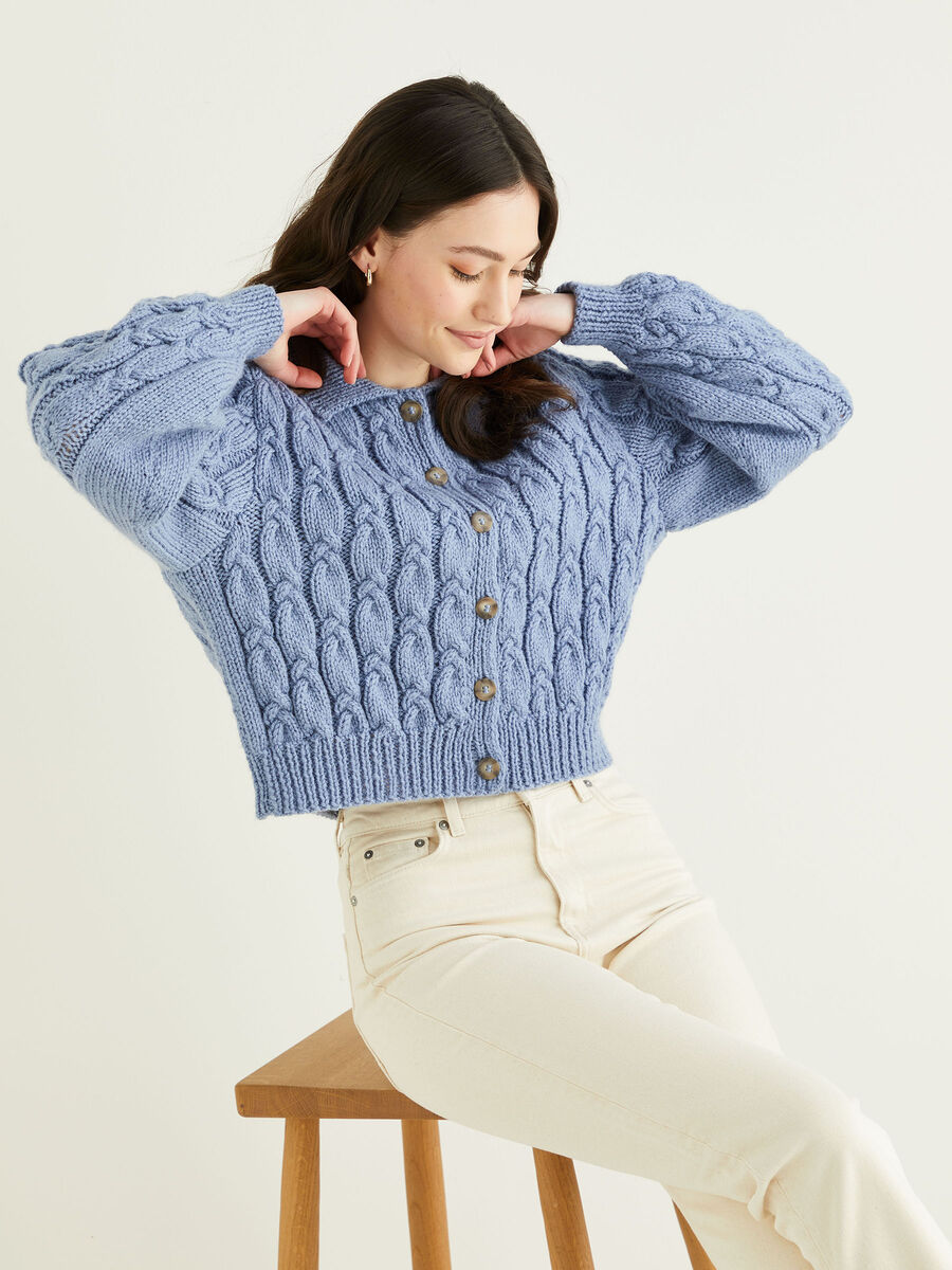 Cropped Cable Cardigan in Hayfield Bonus Aran With Wool