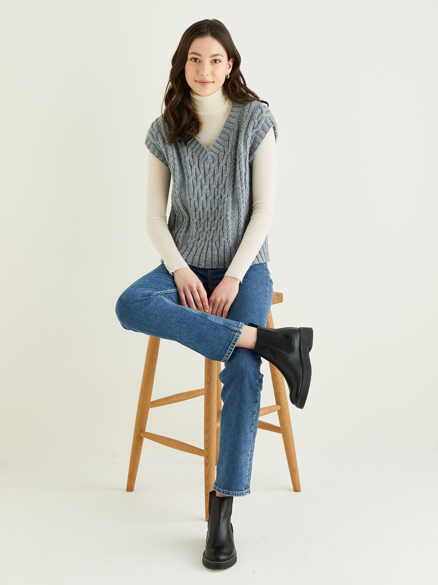 Cable Panel V Neck Vest in Hayfield Bonus Aran With Wool