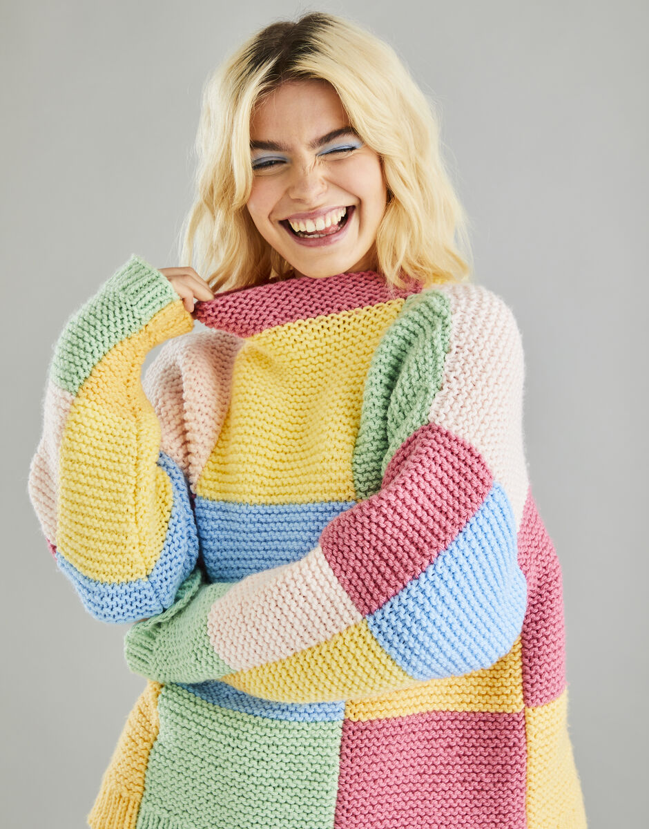 Patchwork Funnel Neck Sweater In Hayfield Bonus Chunky, Sirdar Knit &  Crochet Yarn Pattern