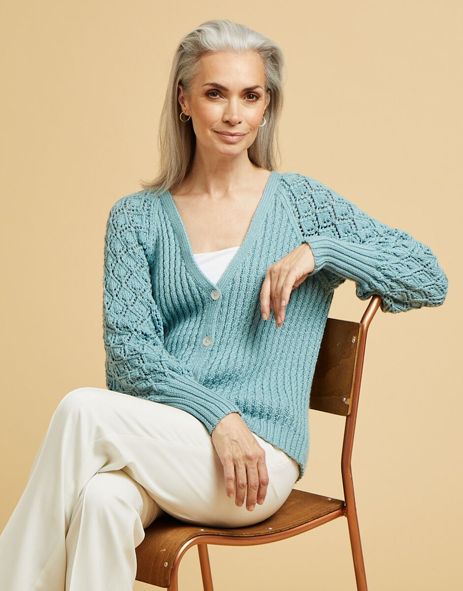 Long-Ballon-Sleeve Crew-Neck Sweater with Fancy Stitches, Regular