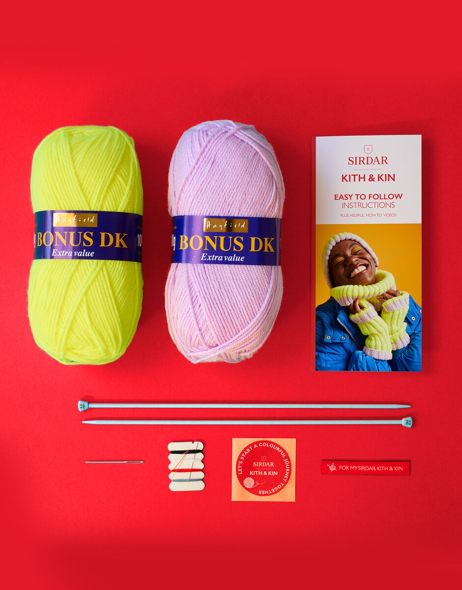 Highlighter Hat Set Knitting Kit Kith & Kin Beginner Craft Set Sirdar